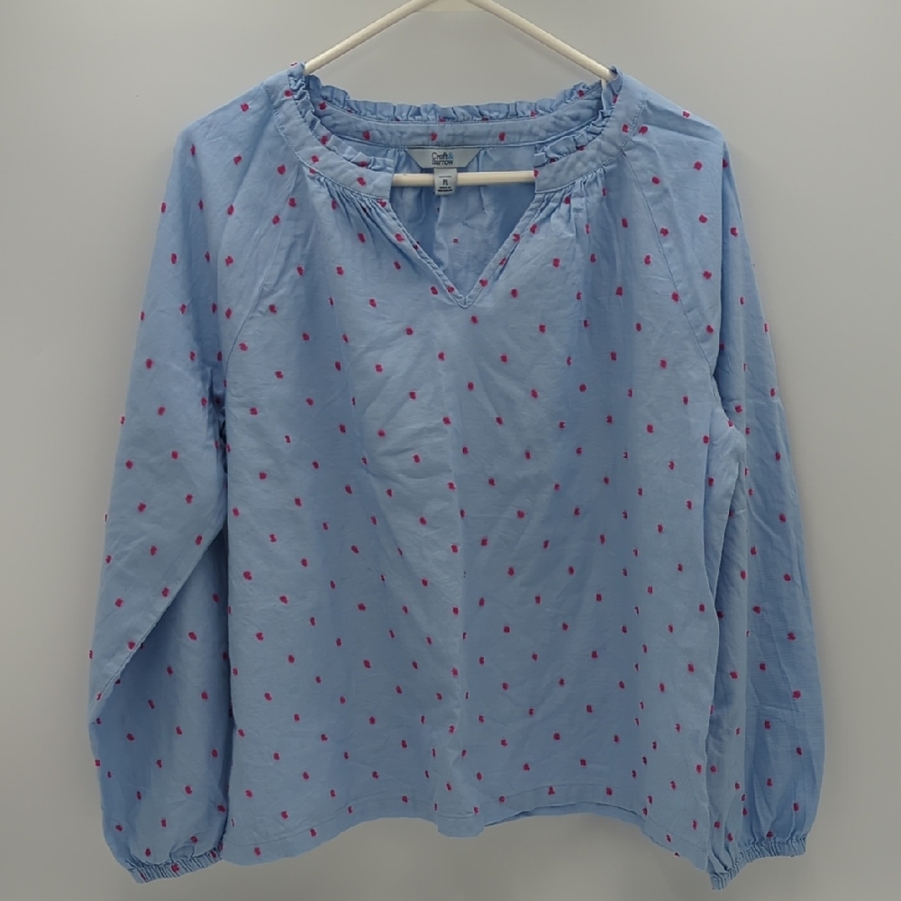 Croft & Barrow Raglan Cotton Popover Blouse Blue Pink Petite Large Workwear